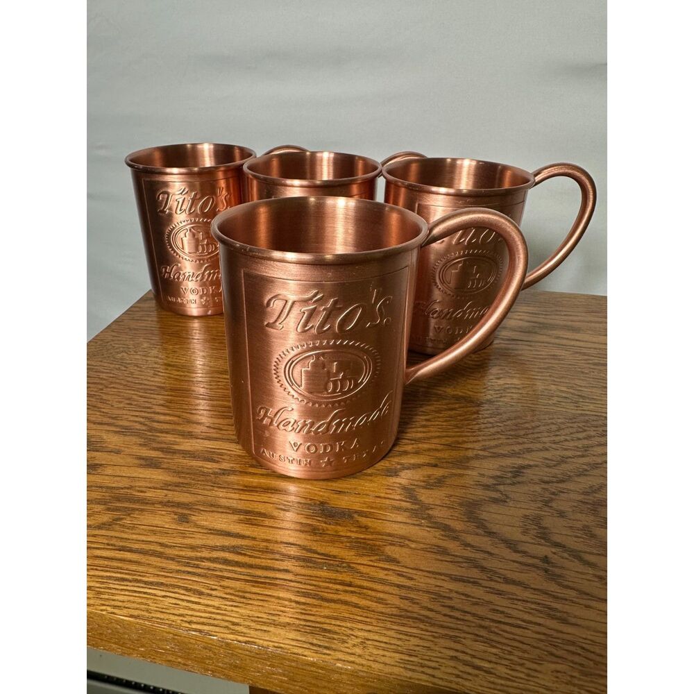 Set of 4 Tito's Handmade Vodka Copper Moscow Mule mugs 12 oz.